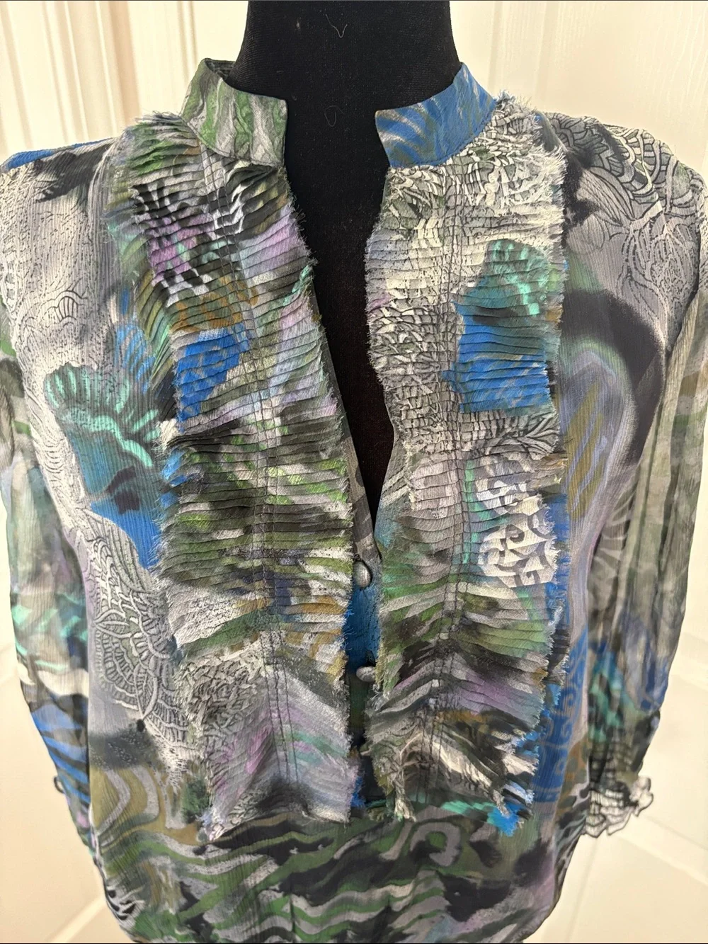Blue Velvet Silk Sheer Ruffle-Front Blouse in Blue and Green Abstract